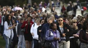 Voters lined up on election day to place "I voted" stickers on the grave of Susan B. Anthony at Mt. Hope Cemetery in Rochester, NY.